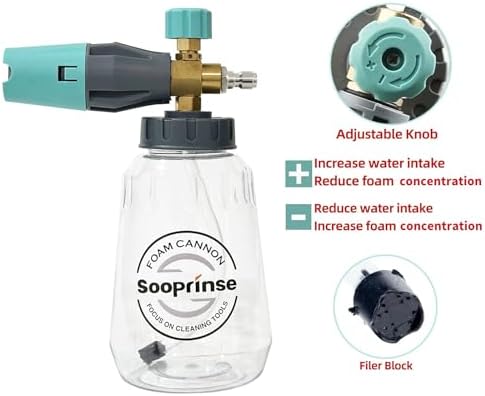 Sooprinse Pressure Washer Gun with Foam Cannon Snow Foam Lance, Short Pressure Washer Gun with Foam Cannon with 1/4 Inch Quick Connector, Power Washer Foam Blaster with Car Wash Mitt, 4000 PSI,1 Liter - Image 4