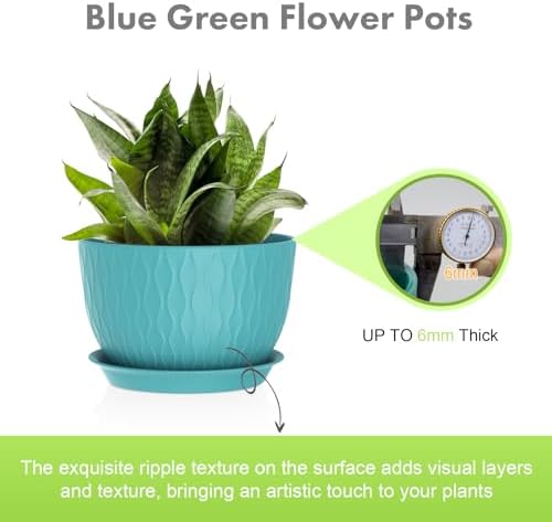 Meowell Large Plant Pots 12/10/9 inch, 3 Pack Big Flower Pots for Outdoor Indoor Plants with Water Ripples, Wide Plastic Planters with Drainage Holes and Saucers for Garden Home Decor, Blue Green - Image 3