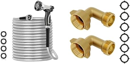 SPECILITE 50ft 304 Stainless Steel Garden Hose + 90 Degree Garden Hose Elbow Hose Adapter by SPECILITE