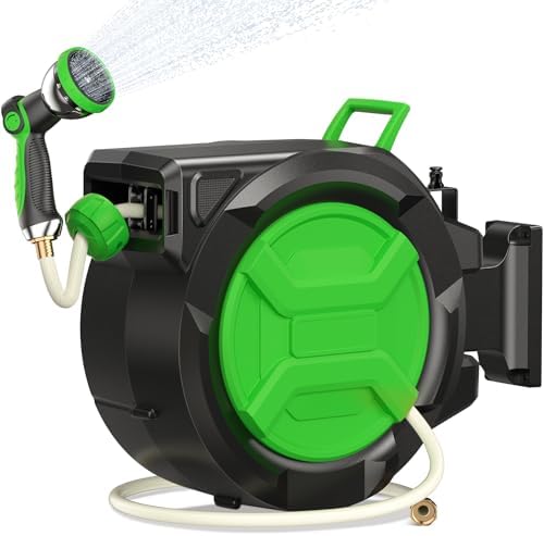 Retractable Garden Hose Reel 1/2" x 100ft, Wall Mounted Water Hose Reel with Auto Rewind, Any Length Lock, 180° Swivel Bracket & 9-Pattern Spray Nozzle, Heavy Duty Outdoor Hose Storage for Garden by Unknown