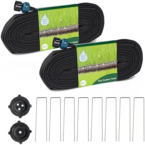 Hourleey Flat Soaker Hose 100 FT for Garden, 100' (50FT x 2) Linkable Consistent Drip Irrigation Hose, Leak-free Dual-layer Design Saving 80% Water Garden System Water Hose with Holes by Hourleey