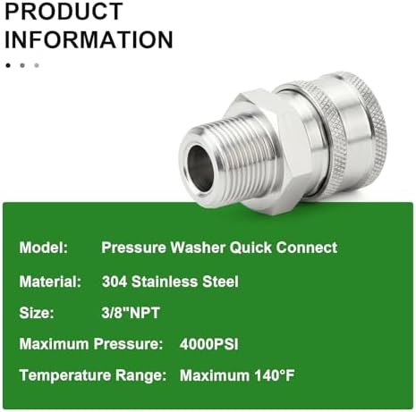 TAISHER 4PCS 304 Stainless Steel 3/8" Male NPT High Pressure Washer Quick Connect Coupler for Pressure Washing Gun Hose Accessories - Image 4
