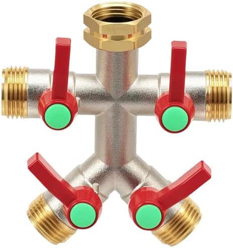 4-Way Brass Garden Hose Splitter with Comfort Grips - 3/4” NPT Leak-Proof Water Tap Connector, Heavy Duty Multi-Outlet Manifold with Individual Shut-Off Valves for Lawn, Irrigation & Outdoor Use by NEMTMCUA