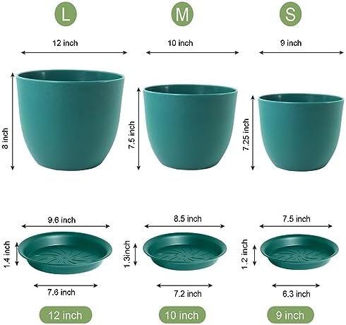 WSMKSZ Large Flower Pots 12/10/9 inch, Set of 3 Modern Decorative Plastic Planters with Drainage Holes and Saucers for House Plants, Plant Pots for Indoor Outdoor Plants, Blue Green - Image 3