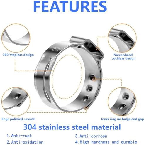 260 PCS 12 Sizes Single Ear Hose Clamps, 5.3-33.1mm 304 Stainless Steel Crimp Hose Clamp Assortment Kit with Ear Clamp Pincer, Cinch Rings Crimp Pinch Tools for Securing Pipe Hoses Automotive Use - Image 5