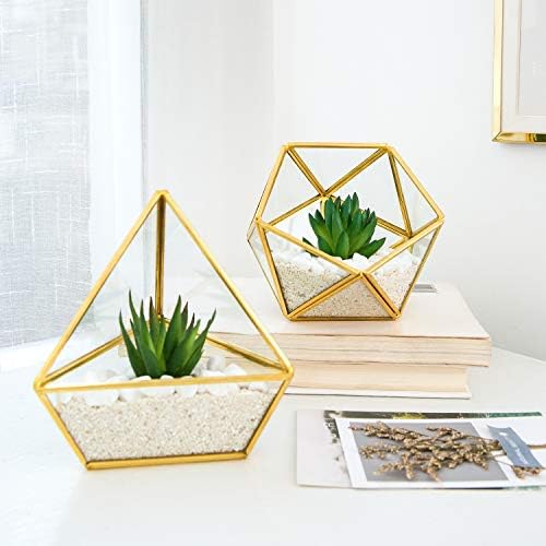 Mkono 3 Pack Fake Succulents in Geometric Glass Terrarium Gold Office Decor - Image 2
