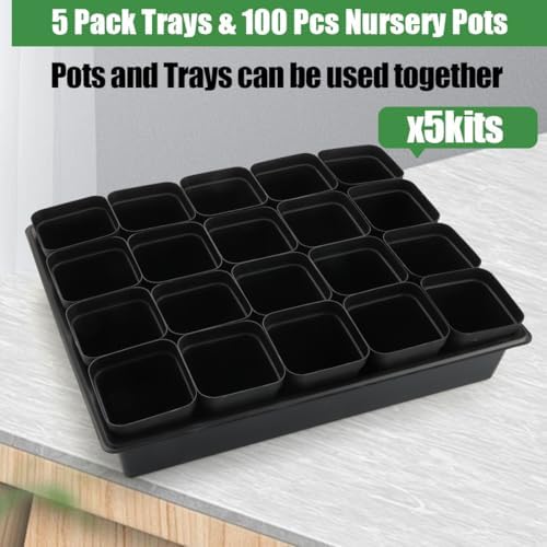 RooTrimmer 3.15 inch (8CM) Square Nursery Pots 100 pcs, Sturdy Seedlings Trays 5 Pcs, Seeds Starter Germination Tray, Microgreening Planter Nursery Propagation 5 Sets - Image 3