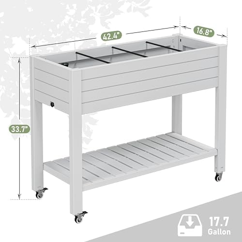 33.7" Tall Raised Garden Bed with Wheels, Divisible Resin Planter Box with Drainage Gauge & Storage Shelf, Herb Planter for Garden Patio Backyard, Medium Ashen (33.7" h) - Image 3