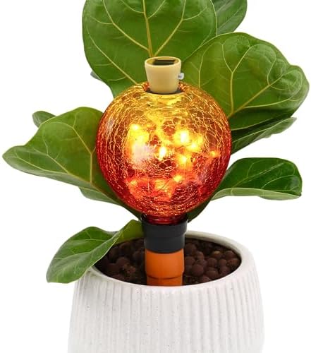 SAVENNA Crackle Glass Plant Watering Globe with Terracotta Spike,Self-Watering Irrigation for Potted Plants, with Solar Accent Light for Indoor & Outdoor Décor, 17oz, Gold–Red Gradient by SAVENNA