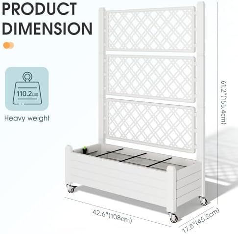 Resin Raised Garden Bed with Trellis and Wheels - Plasitc Planter Box with Trellis Outdoor with Drainage Holes & Water Monitor for Climbing Plants, Flower, Ashen(61.2" H) - Image 3