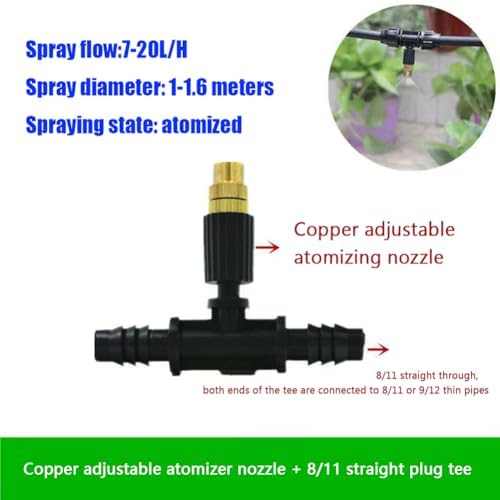 Adjustable Brass Atomizing Nozzle with Drip Connector, Micro Spray Drip Emitter, Adjustable Sprinkler Drip Sprayer Kit 20pc Copper Nozzle+8/11 tee - Image 3