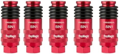 RayMagic Upgraded 5IN1 Universal Quick Industrial Connect Coupler, 1/4" Female NPT, Air Hose Fittings, 6-Balls Release Sleeve, 1/4" Body Size, Red(5-Piece) by RayMagic
