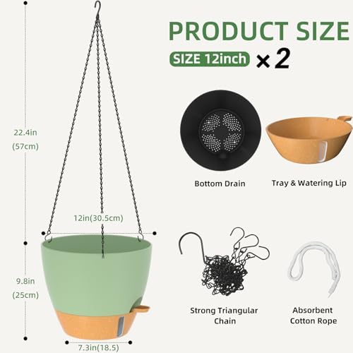 ZMTECH 12 Inch Hanging Planters for Indoor Outdoor Plants, 2 Pack Self Watering Hanging Plant Pots with Drainage Hole, Visual Reservoir, Plastic Flower Hanging Pots with Watering Lip (Green) - Image 2