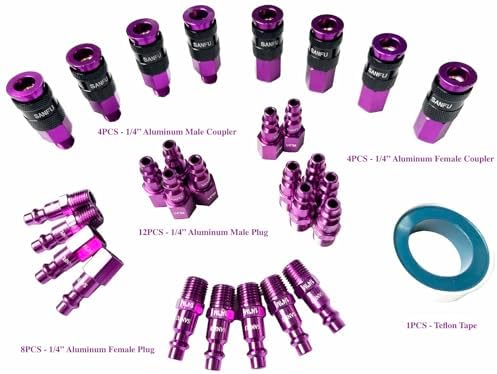 SANFU Air Hose Fittings, Aluminum AMT Universal Air Coupler and I/M Industrial Type Air Plug Kit, 1/4 Inch Threads Size, 1/4 Inch Body Size, 29 Pieces Air Compressor Accessories Fittings Kit(Purple) - Image 2