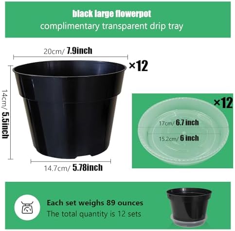 RooTrimmer 12 Pack Plant Pots, 8 Inch Plant Planter with Clear Saucer, Plastic Pots for Plants Indoor and Out Door Such as Strawberry, Herb and Flowers (Black) - Image 2