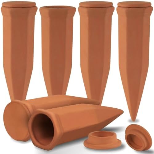 Terracotta Watering Spikes 6 Pack with Lids for Indoor Outdoor by Unknown