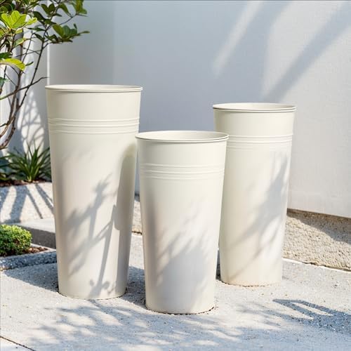 KOL 28'' Tall Galvanized Steel Planter Pot - Flower Pot with Water Level Indicator for Plants - 2-Pack Self Watering Planters - Round White Powder Metal Planter Box - Indoor Outdoor Grande Plant - Image 2