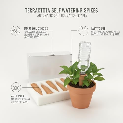 5-Pack Terracotta Self Watering Spikes for Plants, Drip Irrigation Stakes for Standard Bottles, Brown Ceramic Garden Accessories - Image 4