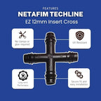 Netafim Techline EZ 12mm Insert Cross – 4-Way Barbed Fitting for Drip Irrigation – Fits Hoses 0.426" ID | 32500-003190 | T12CROSS (25pc) - Image 2