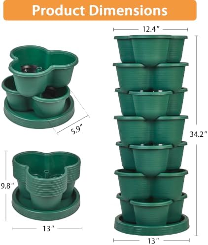 VECELO 7 Tier Vertical Garden Planter, Self Watering Stackable Planters with Wheels for Strawberries, Herbs, Flowers, Vegetables, Dark Green - Image 2