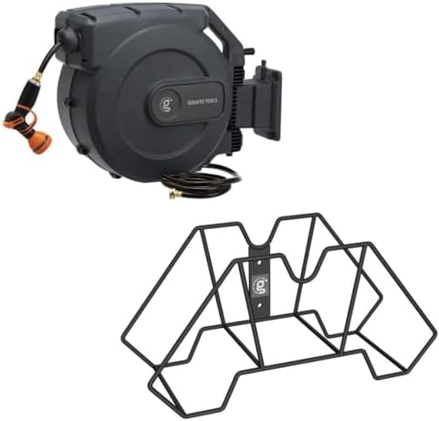 Giraffe Tools Retractable Garden Hose Reel 1/2 Inch x 155 with 5 ft Leader Hose and Garden Hose Holder Wall Mount-Metal Water Hose Hanger for Outside,Holds 150FT Hoses by GiraffeTools