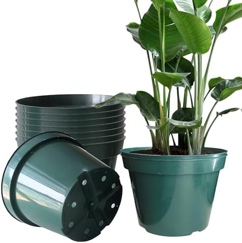 10 Pack Green Plastic Planter Pots, 10 Inch Thick with Multiple Drainage Holes, for Herbs, Strawberries, Flowers - Indoor/Outdoor by RooTrimmer