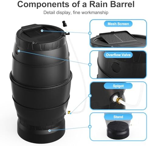 45 Gallon Rain Barrel with Stand for Gutter Rainwater Collection, BPA-Free Water Storage Barrel with Mesh Screen, Spigot and Overflow Valve for Garden Watering and Outdoor Use - Image 4
