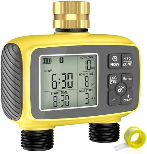 Hose Timer 2 Outlet, 2 Zone Programmable Sprinkler Timer with Rain Delay & Manual Mode, Heavy Duty Digital Timer for Garden Hose, Auto Irrigation Controller for Lawn, Yard & Drip Irrigation Outdoor by Unknown