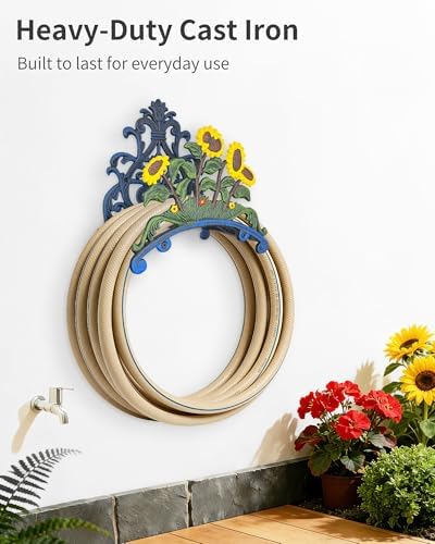 Cast Iron Garden Hose Holder Wall Mount, Rustic Heavy Duty Water Hose Hanger, Decorative Vintage Hose Reel Organizer for Outside Garden Yard Patio, Painted Sunflower Design - Image 4