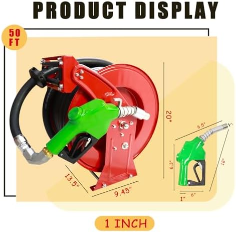 Fuel Hose Reel,Ratchet Spring-Driven Retractable 1"x 50' Diesel Hose Reel W/Swivel, AUTO Fuel Nozzle,SS Eblow Barb Fitting,300 PSI,1"NPT Inlet,1" Outlet Heavy Duty Steel Construction - Image 2