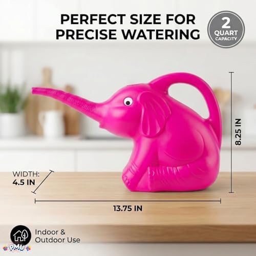 PMU 12Pcs 2-Quart Elephant Watering Can – Durable Plastic Garden Watering Can for Indoor & Outdoor Plants, Easy-Pour Spout, Large Water Pot, Pink - Image 2