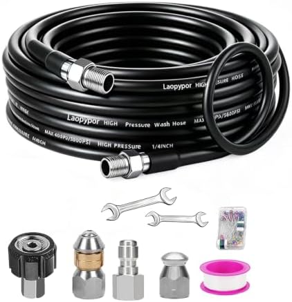 Sewer Jetter Kit for Pressure Washer, 5800PSI Drain Cleaner Hose 1/4 Inch NPT Corner Rotating and Button Nose Sewer Jetting Nozzle,Sewer Jetting Nozzles Kit with Spanner (25FT) by Laopypor