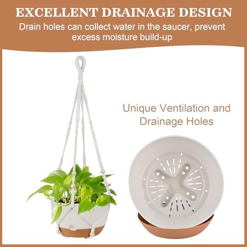 3 Pack Hanging Pot for Indoor Plants, 10inch Self-Watering Hanging Planter, Macrame Plant Hanger with Pot, Metal Chain, S & Ceiling Hooks, Removable Saucer and Drainage Holes for Garden Home - White - Image 6
