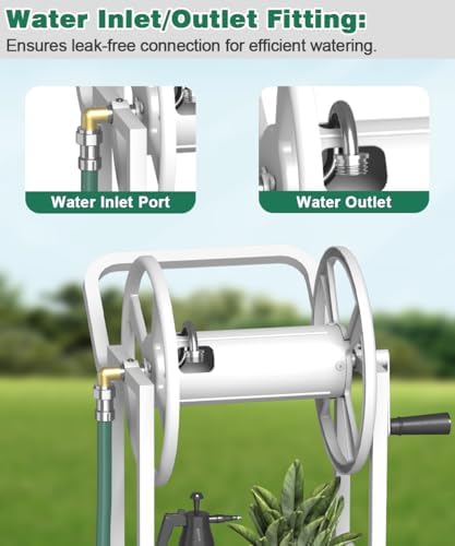 Artigarden Hose Reel Cart with 2 Wheels, Garden Water Hose Holder Heavy Duty Powder Coated Steel Outdoor Winder Storage Holds 125 ft 5/8" Hoses with Basket and 3.9ft Leader Hose for Backyard, White - Image 6
