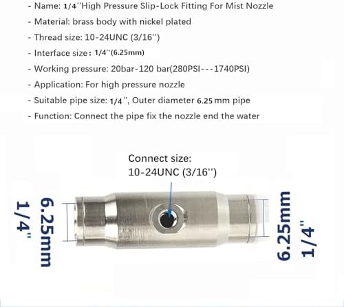 10 Pack 6MM Misting System Nozzle with 1/4" Slip Lock Fog Mist Nozzle Connector, High Pressure Brass Mister Head Clogging-Prevent for Landscaping, Air Humidification(Size:Orifice 0.15mm,) - Image 3