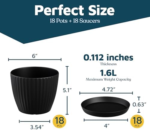Black 6-Inch Plant Pots with Drainage & Saucers 18 Pack, Indoor & Outdoor Planters for Houseplants, Herbs, and Flowers, Durable & Weatherproof Material, Stackable, Lightweight, Minimalist Design - Image 2