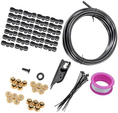Greenhouse Mist Cooling Setup with Brass Nozzles and Black Tubing for Patio Borders, Plant Rows and Fan Wrap Use Line Brass Nozzle Mist Hose Fan by Unknown