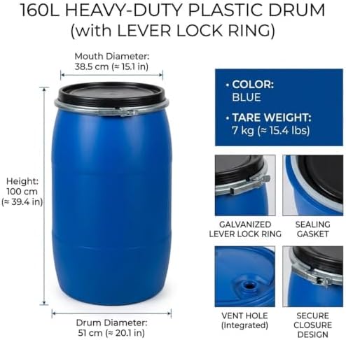 Food Grade Plastic Drum Shipping Barrels Air Tight Water Barrel with Lock Ring Rain Water Collection Barrel 30 50 60 65 100 120 160 200L for Garden Basement Fermentation Storage(160L) - Image 2