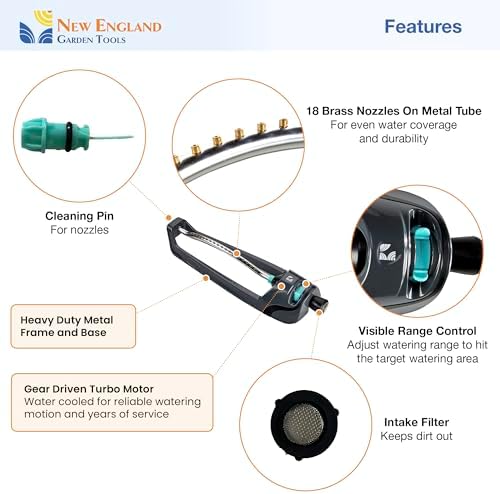 Turbo All-Metal Oscillating Sprinkler 100005 for Lawn, Heavy Duty Metal Tube & Base, Adjustable Pattern to Cover Up to 4,000 Sq Ft, 18 Brass Nozzles for Even Watering, by New England Garden Tools - Image 2