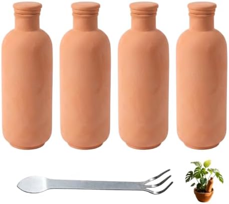 4 Pack Terracotta Self Watering Plant Bottles 900ml Automatic Clay Watering Globes with Free Garden Fork Spoon for Houseplants Outdoor Garden Plants by Unknown