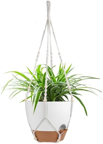 Vanslogreen Hanging Planters for Indoor Outdoor Plants, 12 Inch Self Watering Hanging Pot with Drainage Holes & Removable Tray, Macrame Plant Hanger for Boho Home Decor (Ivory+White)(Ivory+White) by Vanslogreen
