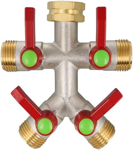 Hose Splitter 4 Way, High Flow Garden Hose Splitter, 3/4” Ght Inlet Brass Heavy Duty Hose Converter, Full Flow water 4 Way Faucet hose splitter, Long Handle Hose Valve Large Outlet. by DINGBAI