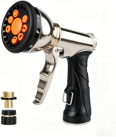 Garden Hose Nozzle Heavy Duty, High Pressure Hose Sprayer with 9 Spray Patterns, Metal Water Hose Nozzle Leakproof for Car Washing, Lawn Care, Plant Watering, Patio Cleaning & Pets (orange) by Livoanah