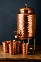 Pure Copper Hammered Water Dispenser Storage Water Tank with Tap and set of 4 Copper Glass | Water Pot | Cooper Water Storage Tank | 6.5 Ltr Capacity | 218 Oz - Image 3