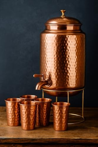Pure Copper Hammered Water Dispenser Storage Water Tank with Tap and set of 4 Copper Glass | Water Pot | Cooper Water Storage Tank | 6.5 Ltr Capacity | 218 Oz - Image 3