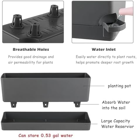 4 Pack Self Watering Pots for Indoor Plants 17 Inches Window Boxes Planters Rectangular Flower Pots Rectangle Herb Pots Large Plant Pots with Drainage Holes and Saucers Windowsill Planter, Grey - Image 4
