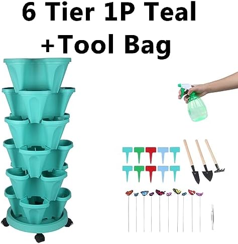 GameXcel Vertical Planter Tower - 6 Tier Stackable Garden Planters with Wheels and Garden Tool Set Plant Pots for Strawberry Herb Flower and Vegetable Indoor Outdoor Use Teal - Image 7