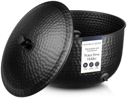 Monarch Abode Garden Hose Holder with Lid – Decorative Water Hose Holders for Outside, Hand Hammered Metal Matte Black Pot with Drainage, 100ft Waterhose Holder for Outside, Garden Storage Caddy by MonarchAbode