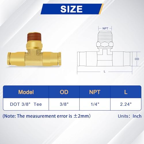3 PCS DOT Brass Air Brake Fittings 3/8" OD × 1/4" NPT × 3/8" OD Tee - Image 2