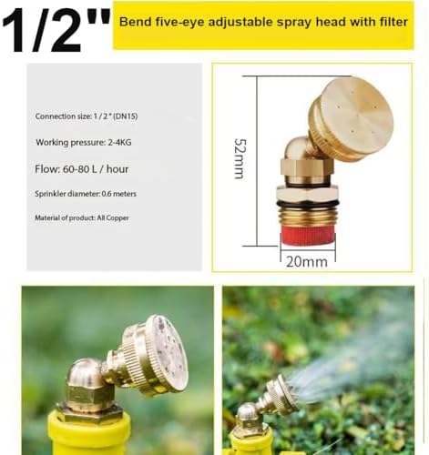 1/2"（DN15） Brass Mist Nozzle Thread Mist Nozzle for Lifting Garden Bed Backyard Outdoor Cooling System（Pack of 5） Bend Five-Eye Adjustable Spray Head with Filter 5pcs - Image 4